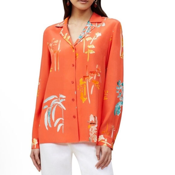 Lafayette 148 New York Rigby Silk Blouse in Orange Oasis Floral Print Sz L - Picture 1 of 9